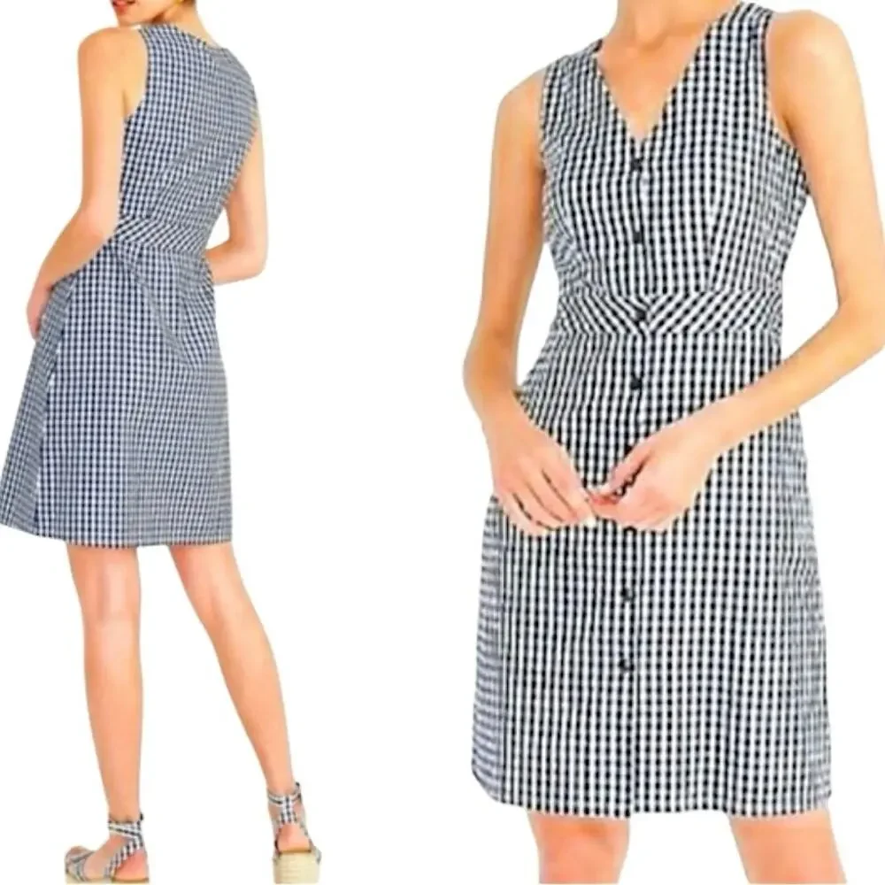 J.Crew Navy & White V-Neck Button-Front Dress in Gingham Plaid Size 10